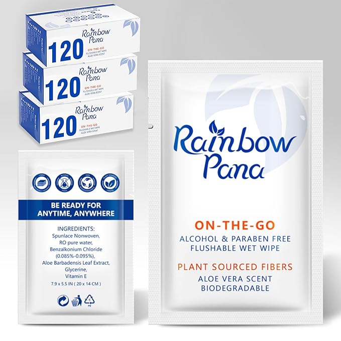 RainbowPana Flushable Wipes, 360 Count, ON-THE-GO Individually Wrapped - Butt Wipes for Women and Men, Travel Wipes for Family - Infused with Vitamin E and Natural Aloe, pH Balanced,