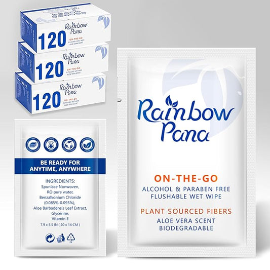 RainbowPana Flushable Wipes, 360 Count, ON-THE-GO Individually Wrapped - Butt Wipes for Women and Men, Travel Wipes for Family - Infused with Vitamin E and Natural Aloe, pH Balanced,