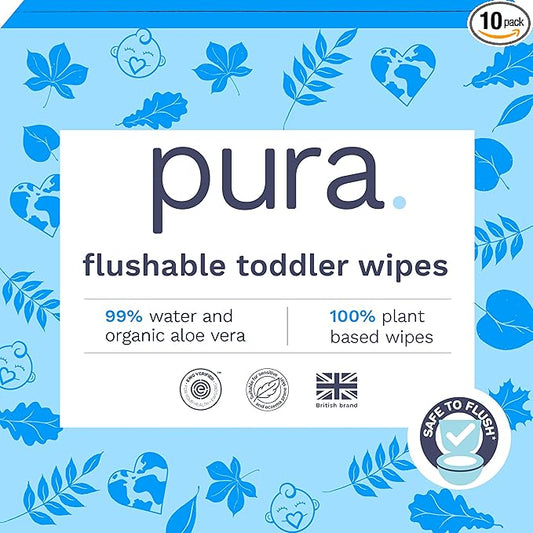 Pura Flushable Toddler Wipes 10 x 60 Wipes (600 Wipes), 100% Plastic Free, 99% Water, Hypoallergenic & Fragrance Free, Totally Chlorine Free, Kids Toilet Wipes, Sensitive Skin