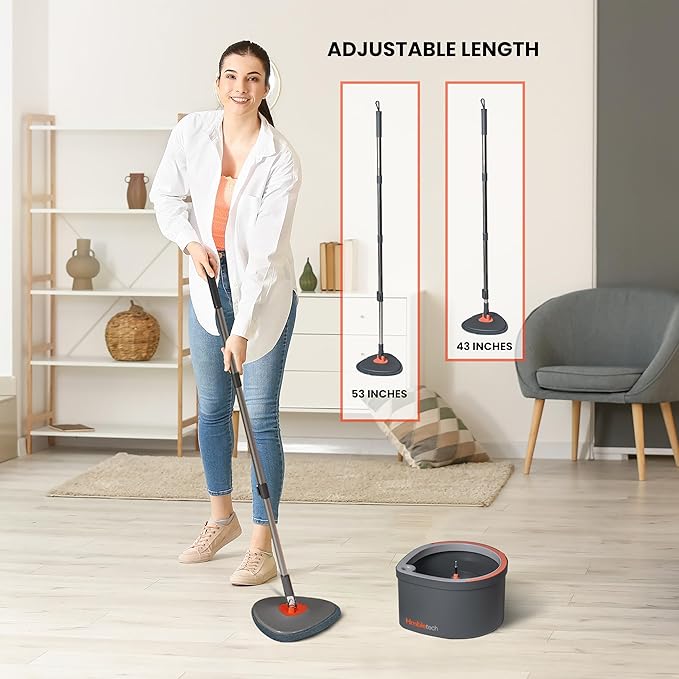 Dual Chamber Spin Mop and Bucket System, Mop Bucket Separate Dirty Water, Mop and Bucket Set with Self-Wringing 360° Rotating Mop Head, Includes 4 Washable Microfiber Mop Pads. (Grey)
