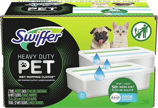 Swiffer Sweeper Pet Heavy Duty Multi-Surface Wet Cloth Refills for Floor Mopping and Cleaning, Fresh scent, 16 count, Pack of 2
