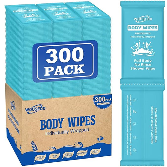 300 Pcs Ultra Thick Soft Large Body Wipes Individually Wrapped(7.87" x 9.45"),Shower Wipes for Adults Bathing No Rinse,Personal Cleansing Wipes for Travel Gym,Bulk Deodorant for Homeless(Blue)