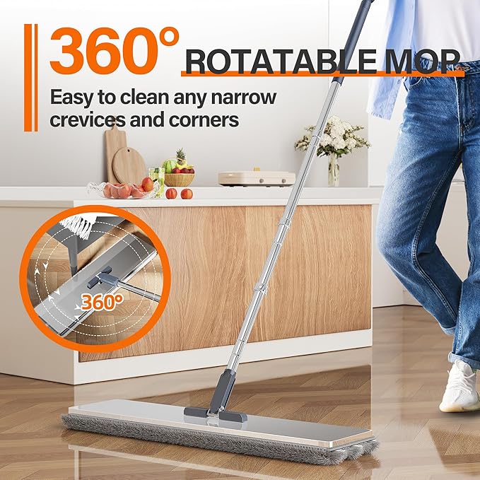 Black Flat Mop and Bucket for Home with 4 Extra Refills, Stainless Steel Mop and Bucket with Wringer, Hands-Free Mop, Wet and Dry Use Mop with Long Handle