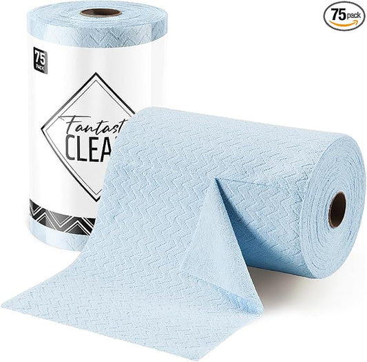 Fantasticlean Microfiber Cleaning Cloth Roll, 12" x 12"- 75 Sheets, Reusable Tear Away Microfiber Towels, Ultra Absorbent Dish Rags for Car, Home or Office (Blue Ripple)