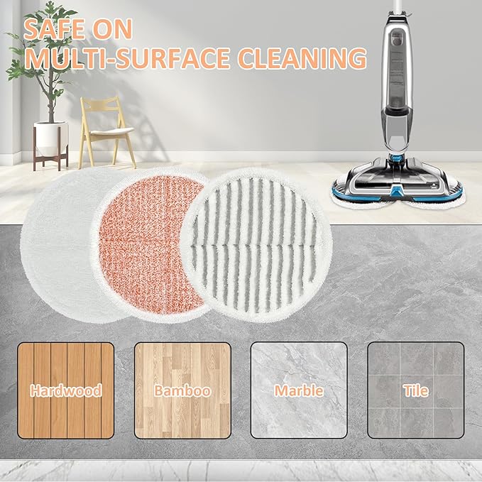 8 Pack Mop Pads Replacement Compatible with Bissell Spinwave Mop 2124 2039 2037 2039A Series, Mop Pads for Bissell Spinwave Hard Floor Mop (2 Heavy Scrub Pads, 2 Soft Pads, 4 Scrubby Pads)