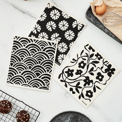 RECYCO Reusable Dish Cloth 12 Pack Swedish Dish Clothes for Kitchen Counter Cotton Cellulose Absorbent Machine Washable Plant Based Okeo Tex Standard 100 Sponge Wipes Women Owned (Black & White)