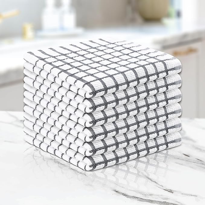 100% Cotton Dish Cloths (Pack of 6) - Dish Rags for Washing Dishes - Reusable & Highly Absorbent Kitchen Towels - Multipurpose Kitchen Rags - (12" x 12" - Slate Grey Checkered)