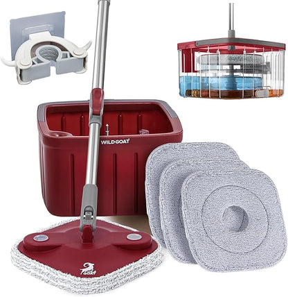 WILD GOAT Clean Water Spin Mop - Including 3 Heavy Duty Machine Washable Cleaning Pads with Wall Mountable Mop Holder - Dual-Chamber Bucket, Separates Clean & Dirty Water - 360° Rotatable Mop Head