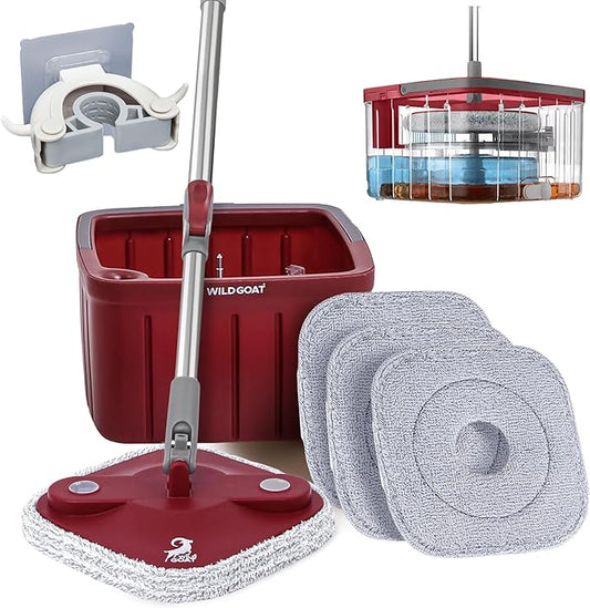 WILD GOAT Clean Water Spin Mop - Including 3 Heavy Duty Machine Washable Cleaning Pads with Wall Mountable Mop Holder - Dual-Chamber Bucket, Separates Clean & Dirty Water - 360° Rotatable Mop Head