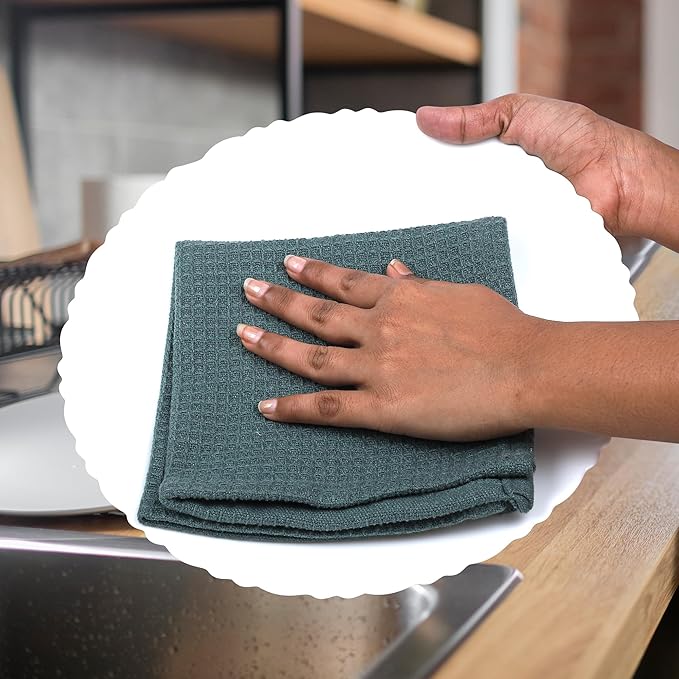 100% Cotton Waffle Dish Cloths (Pack of 6) - Dish Rags for Washing Dishes - Reusable & Highly Absorbent Kitchen Towels - Multipurpose Kitchen Rags - (12" x 12" - Dark Green)