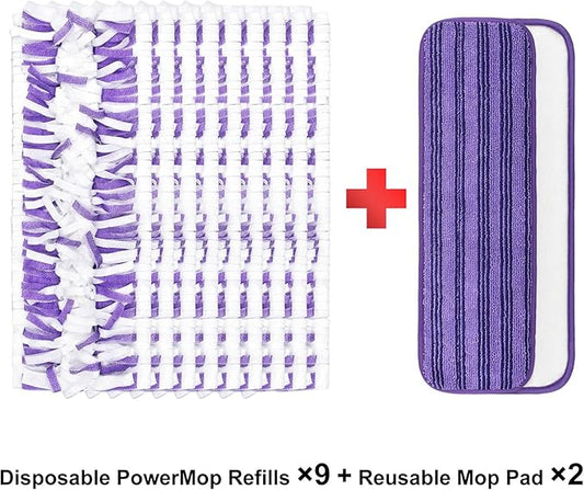 Mop Pads Compatible with Power Mop, 11 Count Refill Pads for Powermop Contains 9 Disposable Mop Pads Refills Suit for Power Mop and 2 Reusable Mop Pads for Power Mop