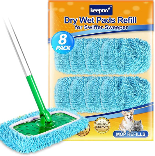 KEEPOW Wet Pads Refill for Swiffer Sweeper Mop and Sweep & Mop Deluxe - Dry Sweeping Cloths for Floor Mopping and Cleaning - Pet Heavy Duty Pads Refills, Upgraded Reusable (8 Pack)