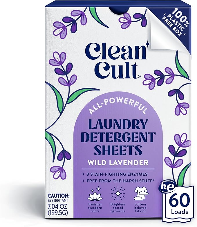 Cleancult Laundry Detergent Sheets - Resealable Box - 3 Stain Fighting Enzymes - Wild Lavender - 60 Loads - Free of Harsh Chemicals - No Mess - No Plastic Waste