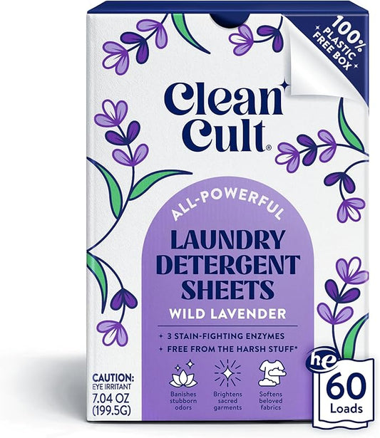 Cleancult Laundry Detergent Sheets - Resealable Box - 3 Stain Fighting Enzymes - Wild Lavender - 60 Loads - Free of Harsh Chemicals - No Mess - No Plastic Waste