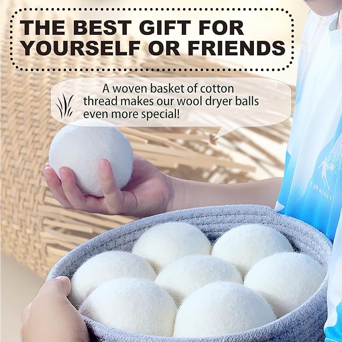 Luxury Natural Wool Dryer Balls, 7-Pack, Save Drying Time and Reduces Clothing Wrinkles, Reusable, Fabric Softener for Laundry, Includes Basket for Easy Access and Aesthetic Laundry Room Decor