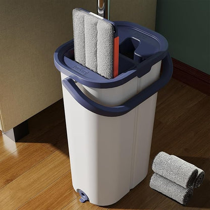 Large Mop and Bucket with Wringer Set for Home, Hands Free Flat Floor Mop and Bucket System with 4 Washable Microfiber Pads, Wet and Dry Use, Mops for Floor Cleaning, Two Bucket Mop System