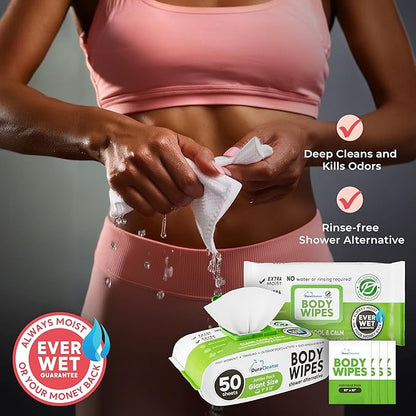 Body Wipes for Women, Extra Moist No Rinse Bathing Wipes - 50 XL Shower Cloths + 4 Travel Size Bath Sheets - 9"x12" After Gym & Post Workout Deodorant, Disposable Washcloths, Womens Hygiene Essentials