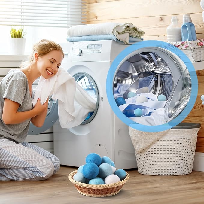 24 Pack Blue Wool Dryer Balls, 3.15'', 2.4'' Reusable Laundry Balls Wool Balls Natural No Lint Fabric Softener Balls for Clothing Wrinkles