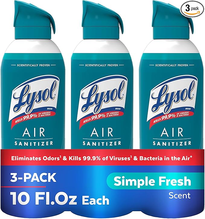 Lysol Air Sanitizer Spray + Odor Eliminator for Home & Office, Sanitizing Air Spray, Simple Fresh Scent, 10 oz (Pack of 3)