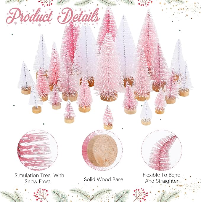 Leyndo 24 Pcs Pink Artificial Mini Christmas Tree Xmas Sisal Bottle Brush Trees with Wood Base Christmas Decor for Xmas Party Table Top Winter Ornaments Home Kitchen Crafts