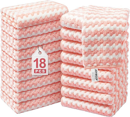 JOYMOOP Microfiber Cleaning Cloth, Pure Pink Towels with Edging, Small Size 18 Pack (10" x 10"), Absorbent Streak Free Lint Free Rags for Cleaning, Reusable and Washable Towels