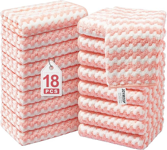 JOYMOOP Microfiber Cleaning Cloth, Pure Pink Towels with Edging, Small Size 18 Pack (10" x 10"), Absorbent Streak Free Lint Free Rags for Cleaning, Reusable and Washable Towels
