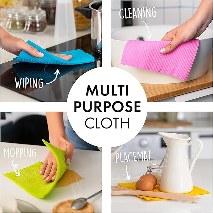 SUPERSCANDI 6 Pack Swedish Dishcloths for Kitchen - 100% Biodegradable & Compostable Reusable Paper Towels Washable, Food-Safe & Without Plastic - Dish Rags for Any Surface, Pink, Yellow, White