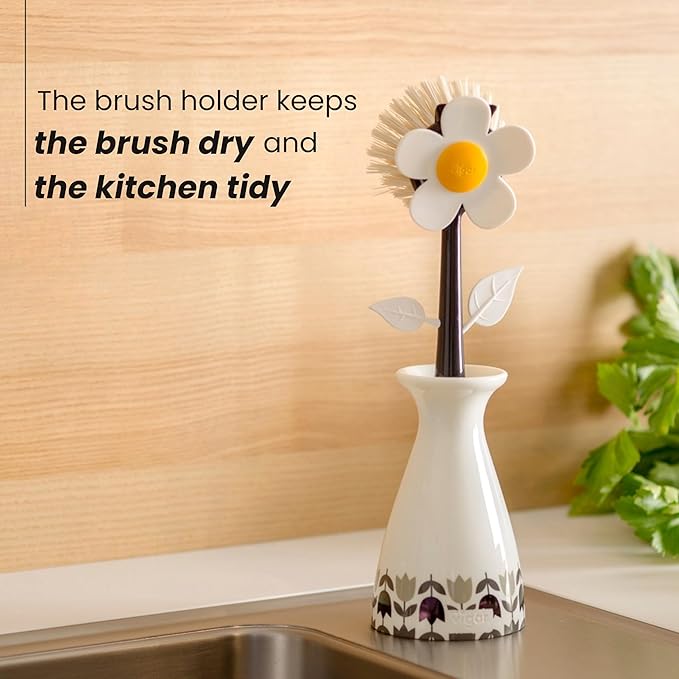 Vigar Flower Power Dish Brush with Vase Brush Holder, Dish Brush with Handle for Pot Scrubber, Dishes, Sink, and Kitchen Essentials, White, Black