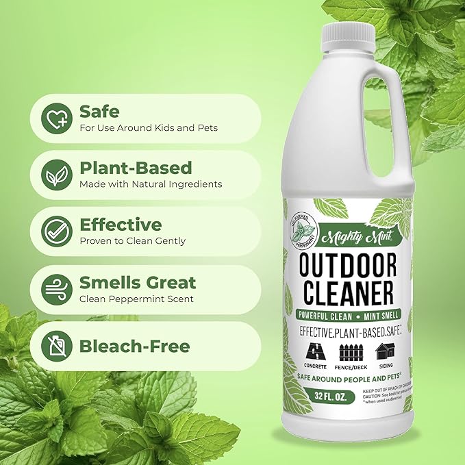 Mighty Mint Outdoor Cleaner, Powerful | Bleach-Free | Biodegradable, Cleans Stains from Mold & Mildew on Wood, Decks, Concrete, Patios, and Vinyl Siding, Natural Mint Scent, 32oz