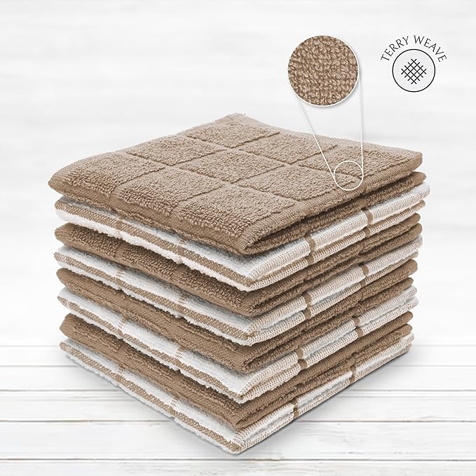 100% Cotton Dish Cloth for Dish Washing, Terry Dish Cloth, Cotton Dish Rags, 8 Pack, Super Soft and Absorbent, Reusable Cleaning Cloth, TAN (Solid and Checks)