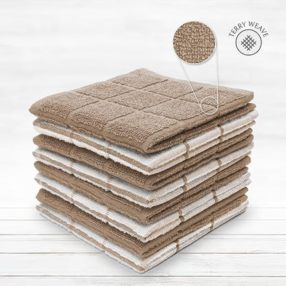 100% Cotton Dish Cloth for Dish Washing, Terry Dish Cloth, Cotton Dish Rags, 8 Pack, Super Soft and Absorbent, Reusable Cleaning Cloth, TAN (Solid and Checks)