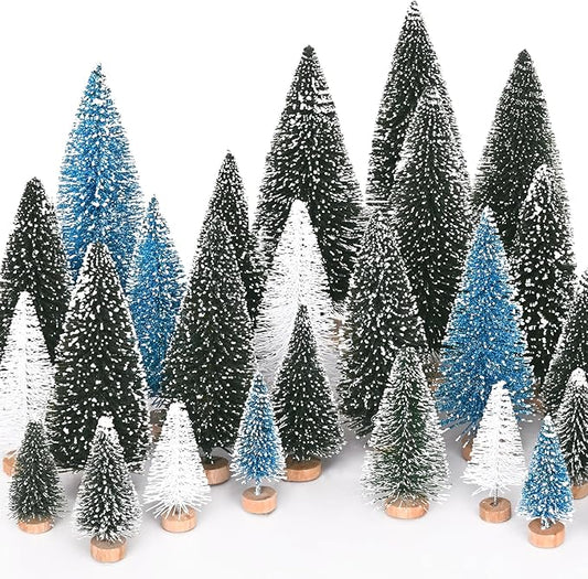 Waipfaru Christmas Decorations, Blue Bottle Brush Christmas Trees, 21 Pcs White Mini Christmas Trees, Miniature Pine Trees for Xmas Tabletop Crafts Indoor Table Home Decor (Blue & White)