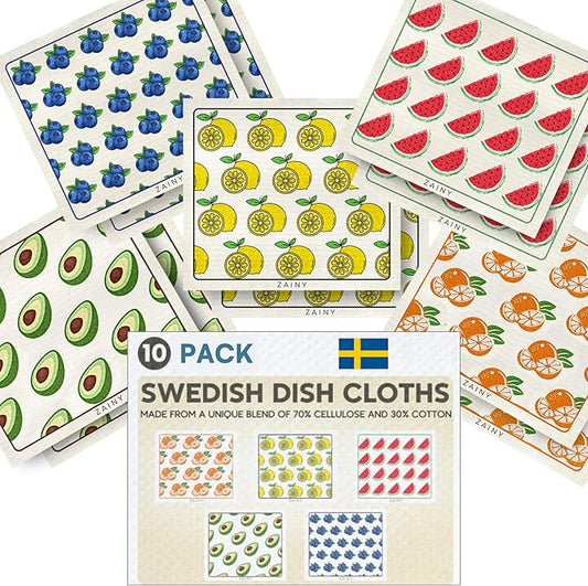 ZAINY 10 Swedish Dishcloths for Kitchen, Gifts for Mom and Mothers, Swedish Dish Cloths Reusable Paper Towels Washable, Cellulose Sponge Cloth & Cleaning Towel for Washing Dishes, Washcloths - Fruits