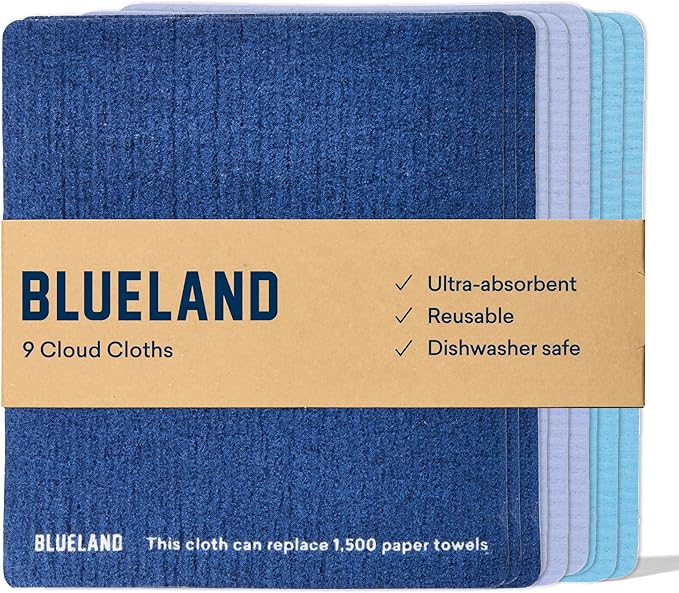 BLUELAND Cloud Cloth, 9-Pack, Reuseable Paper Towel Replacement, Natural Swedish Dish Kitchen Sponge