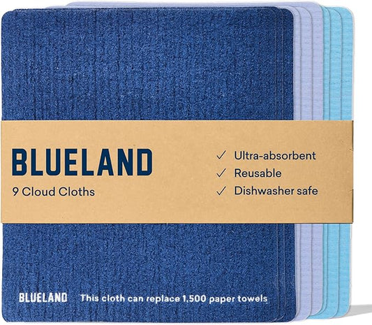 BLUELAND Cloud Cloth, 9-Pack, Reuseable Paper Towel Replacement, Natural Swedish Dish Kitchen Sponge