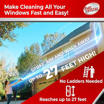 Full Crystal Window Cleaning Kit- 1 LB Glass Cleaner and Bottle with 27ft Reach will clean up to 80 Windows- Scrub Free, Rinse Free Glass Cleaner Spray Removes Dirt, Grime and Water Deposits