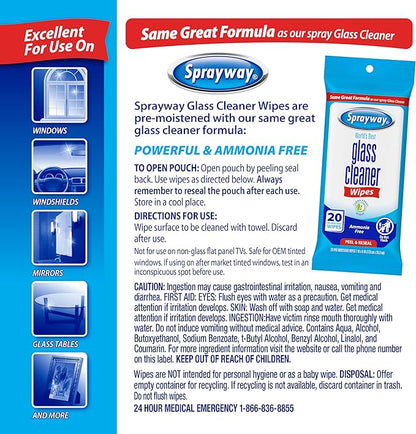 Sprayway Glass Cleaner Wipes, 20ct, Pack of 6 | On-the-Go Resealable Package, Pre-Moistened | Original Ammonia-Free Formula | Removes Fingerprints, Dust, Dirt | All Glass Surfaces