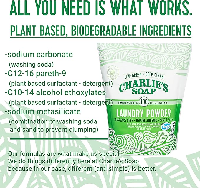 Charlie’s Soap Laundry Powder (100 Loads, 3 Pack) Hypoallergenic Deep Cleaning Washing Powder Detergent – Eco-Friendly, Safe, and Effective