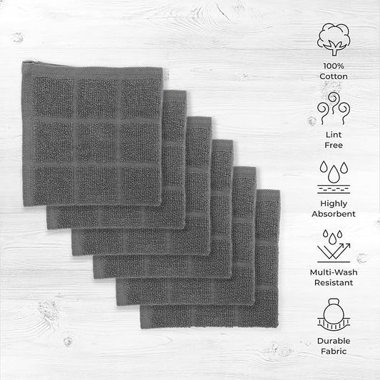 100% Cotton Dish Cloth for Dish Washing, Terry Dish Cloth, Cotton Dish Rags, 6 Pack, Super Soft and Absorbent,12"x12" inches, Reusable Cleaning Cloth, Grey
