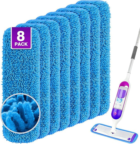 Reusable Mop Pads for Swiffer PowerMop, 8 Pack Microfiber Mop Pad Refill with Scrubber Strips for 13''-15'' SprayMop, Washable Mop Pads Use for Most Floor Types, Designed for Pets - Blue