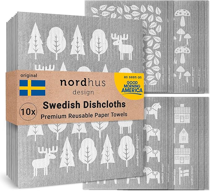 Nordhus Design Swedish Dishcloths,10 Grey Cloths, Made in Sweden - Reusable, Washable Cellulose Cotton Kitchen Cloths - Replace Paper Towels, Wipes, Sponges, Dish Rags