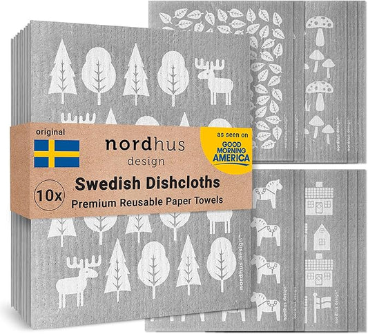Nordhus Design Swedish Dishcloths,10 Grey Cloths, Made in Sweden - Reusable, Washable Cellulose Cotton Kitchen Cloths - Replace Paper Towels, Wipes, Sponges, Dish Rags
