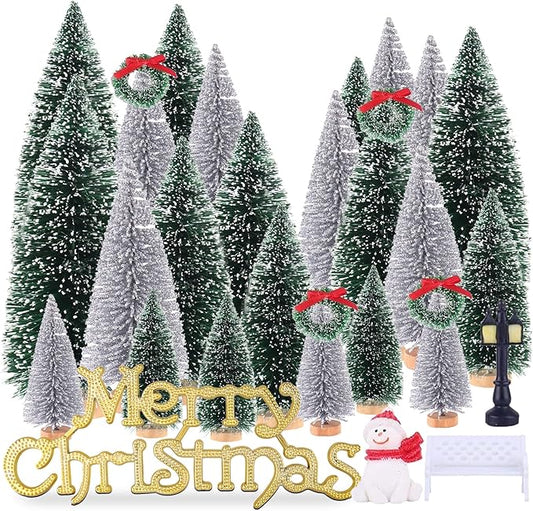 Mini Miniature Christmas Pine Tree Bottle Brush Trees Wooden Bases Tree for Your Village Desktop Xmas Holiday Party (Silver/Green 30pcs)