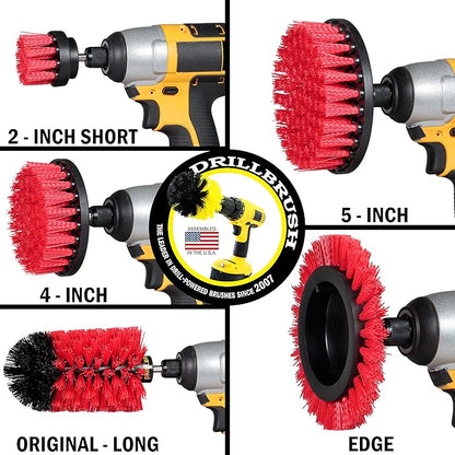 Drillbrush 5 Piece Red Stiff Nylon Cleaning Brush Set - Outdoor Cleaning Scrub Brushes for Cordless Drill - Siding Cleaner Brush Attachment - Deck Scrubbing - Birdbath Cleaner - Gravestone Scrubber