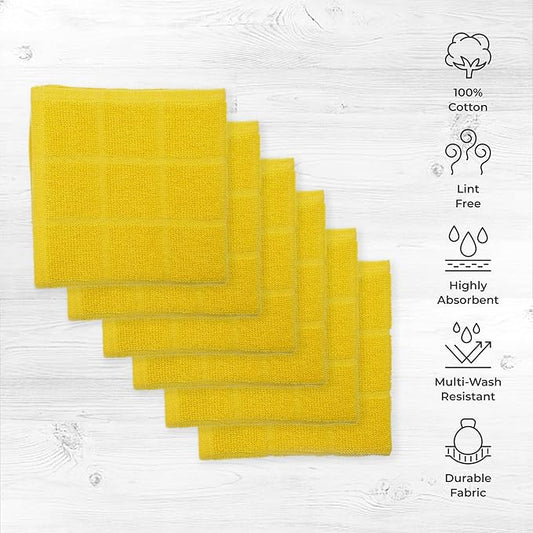 100% Cotton Dish Cloth for Dish Washing, Terry Dish Cloth, Cotton Dish Rags, 6 Pack, Super Soft and Absorbent,12"x12", inches, Reusable Cleaning Cloth, Yellow