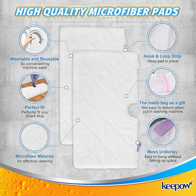 KEEPOW Steam Mop Replacement Pads for Shark Steam Pocket Mop S3500 Series S3501 S3601 S3550 S3901 SE450 S3801CO S3601D S2901 S2902, 8 Pack