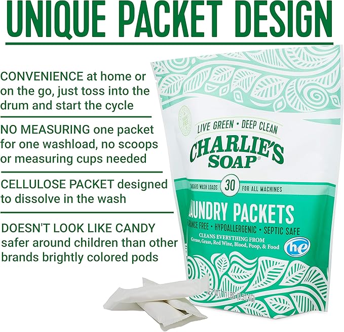 Charlie's Soap - Fragrance Free Laundry Packets - 30 Count (Three 30-count Bags, 90 Total Loads)