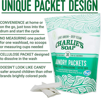 Charlie's Soap - Fragrance Free Laundry Packets - 30 Count (Three 30-count Bags, 90 Total Loads)