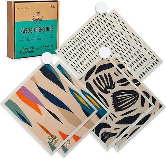 Harps&Seb Swedish Dishcloths for Kitchen Dish Towels - 6 Pack, Reusable Paper Towels with Clips, Super Absorbent Washable Non-Scratch Swedish Dish Towels, No Odor, Biodegradable
