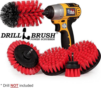 Drillbrush 5 Piece Red Stiff Nylon Cleaning Brush Set - Outdoor Cleaning Scrub Brushes for Cordless Drill - Siding Cleaner Brush Attachment - Deck Scrubbing - Birdbath Cleaner - Gravestone Scrubber